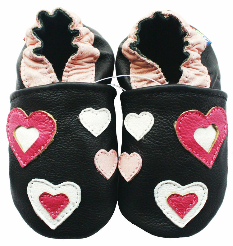 Carozoo Soft Sole Leather Baby Shoes Pink Hearts Black