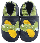 Carozoo Soft Sole Leather Baby Shoes Green Airplane Dark Blue